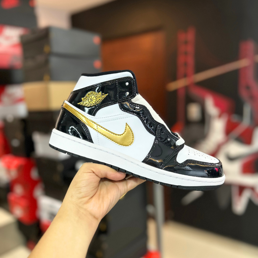 Jordan 1 Mid Patent Black White Gold GS Mi tienda